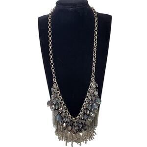 Vintage Faceted Matte and Shiny Labradorite Beads Bib Necklace with Fringe 16"